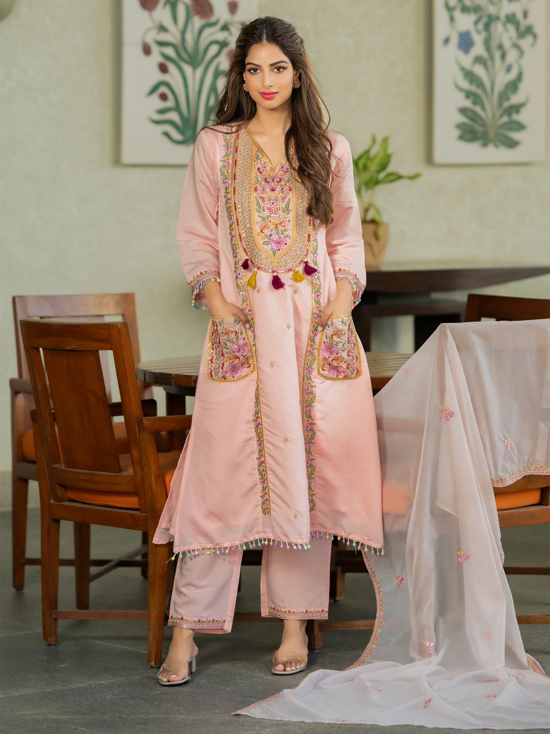 Pink Embroidered Art Silk Kurta Pant with Dupatta