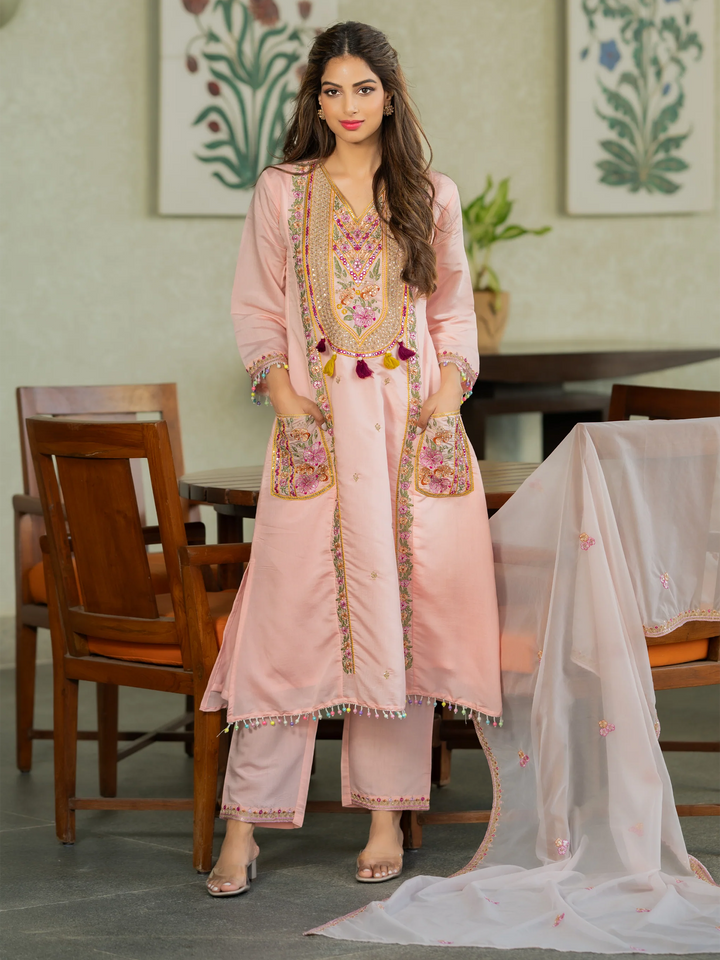 Pink Embroidered Art Silk Kurta Pant with Dupatta