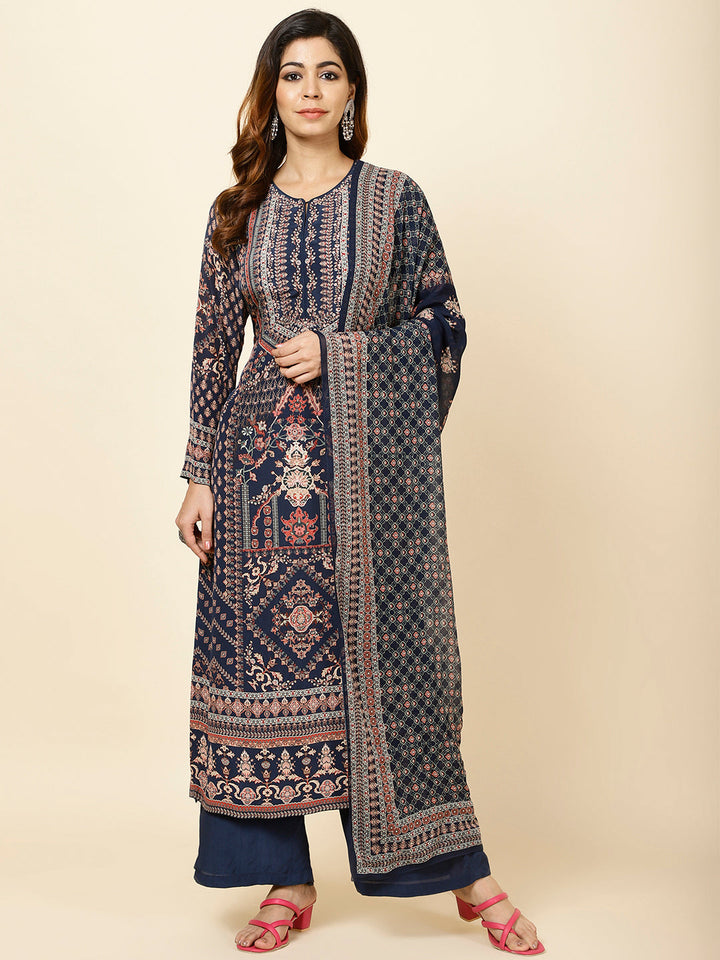 Digital Printed Crepe Kurta With Palazzo &amp; Dupatta