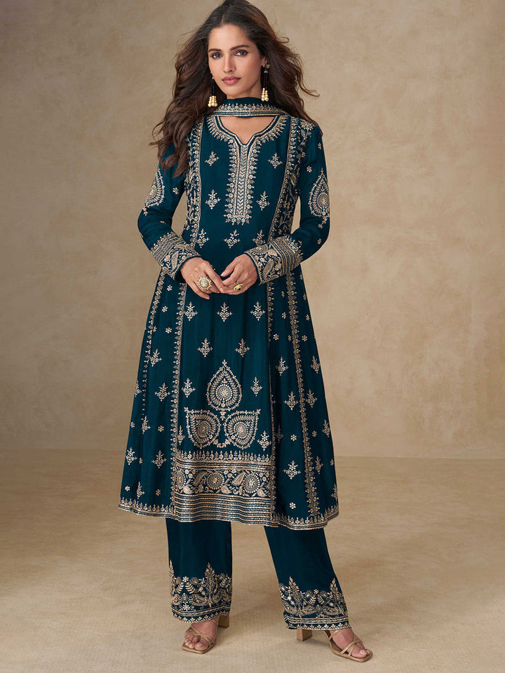 Embroidered Chinon Kurta With Pant &amp; Dupatta