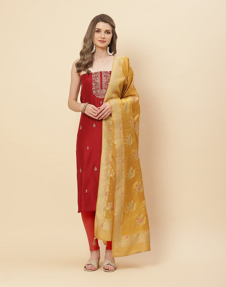 Embroidered Art Handloom Dupion Suit Piece With Banarasi Dupatta