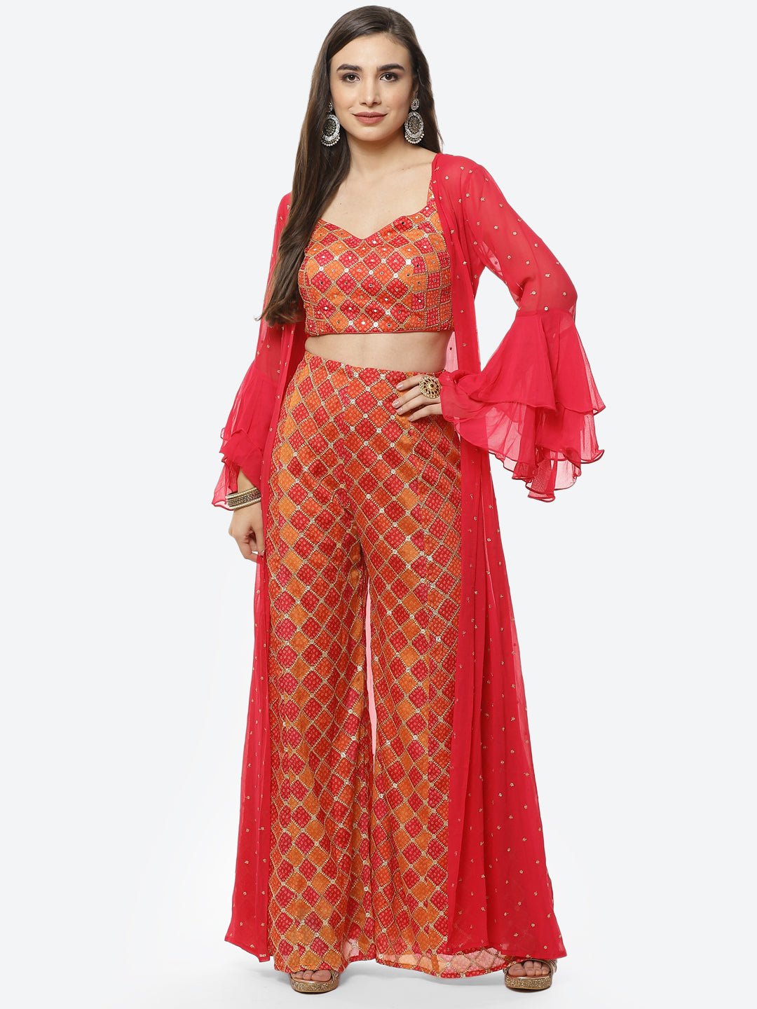 Bandhej Printed Georgette Top With Palazzo And Jacket