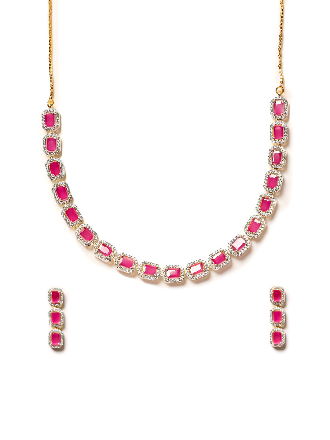 Golden &amp; Pink AD Necklace Set With Earrings