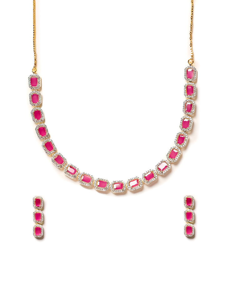 Golden &amp; Pink AD Necklace Set With Earrings