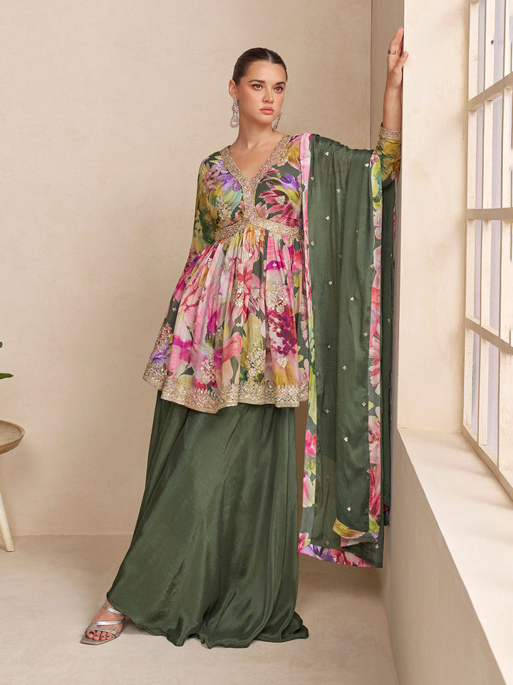 Embroidered Chinnon Kurti With Gharara &amp; Dupatta