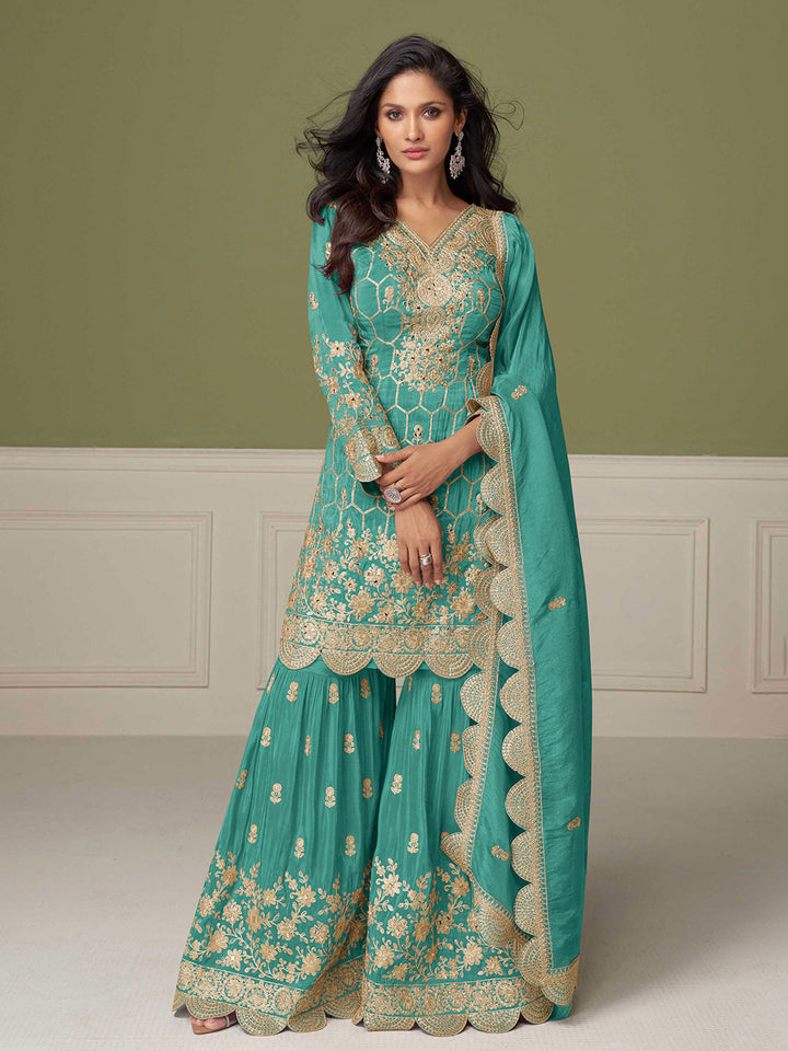 Embroidered Art Silk Kurta With Gharara &amp; Dupatta