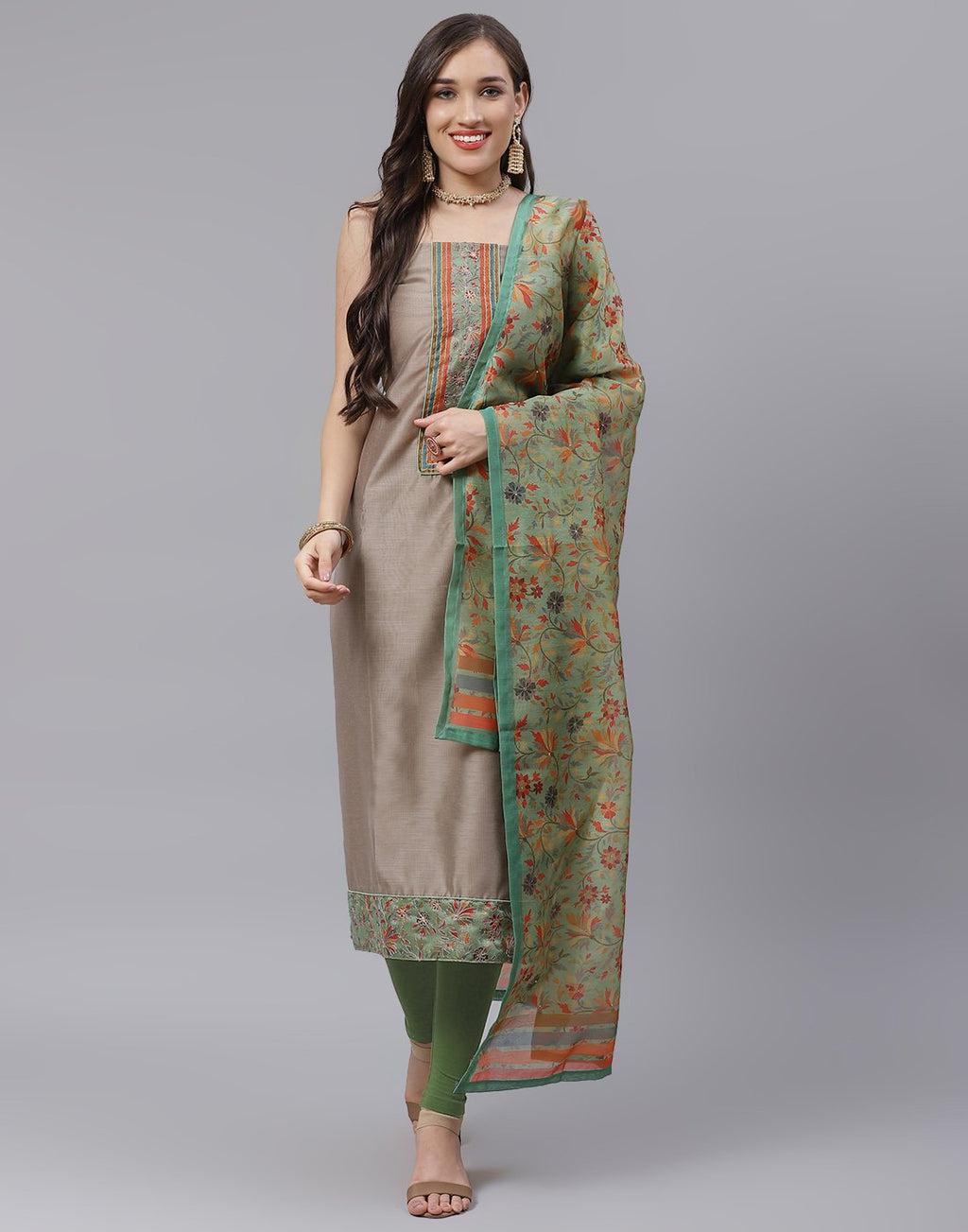 Chanderi Printed Suit Piece with floral dupatta
