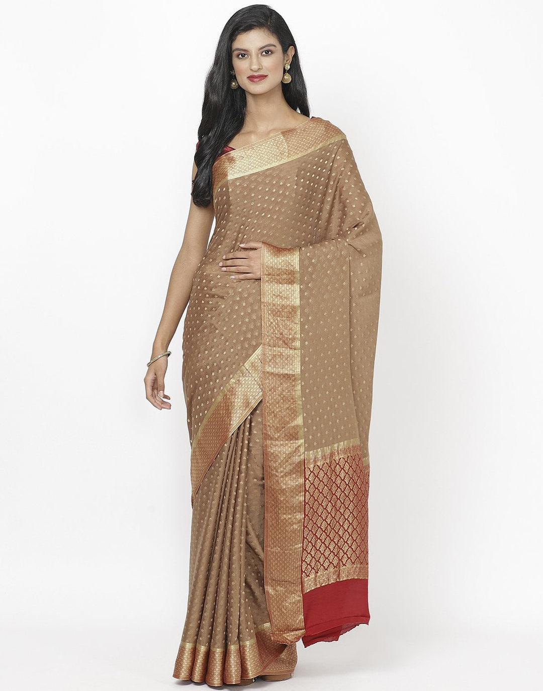 Beige Crepe Jacquard Saree