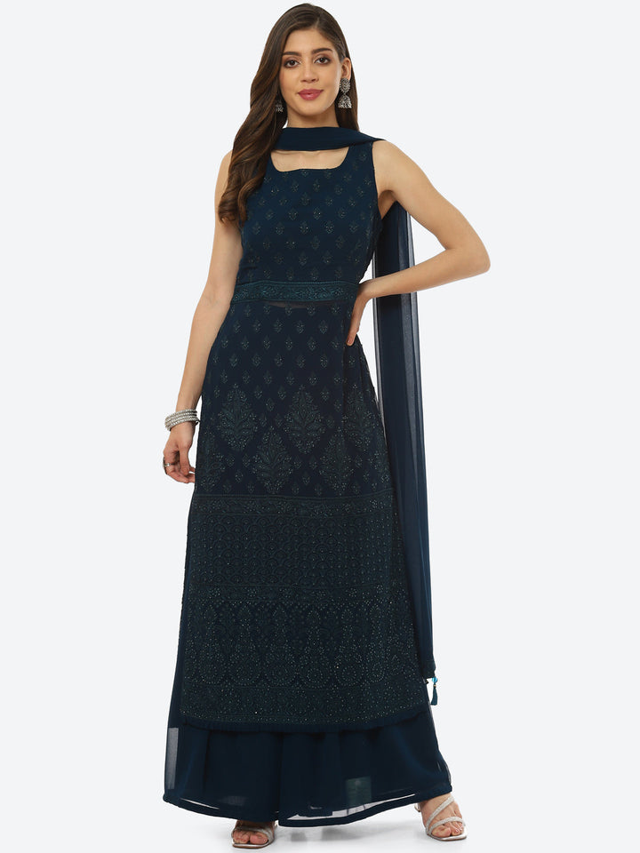 Resham Booti Georgette Kurta With Palazzo &amp; Dupatta