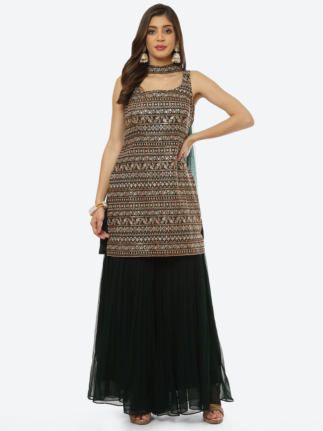 Zari Embroidered Georgette kurta With Palazzo & Dupatta