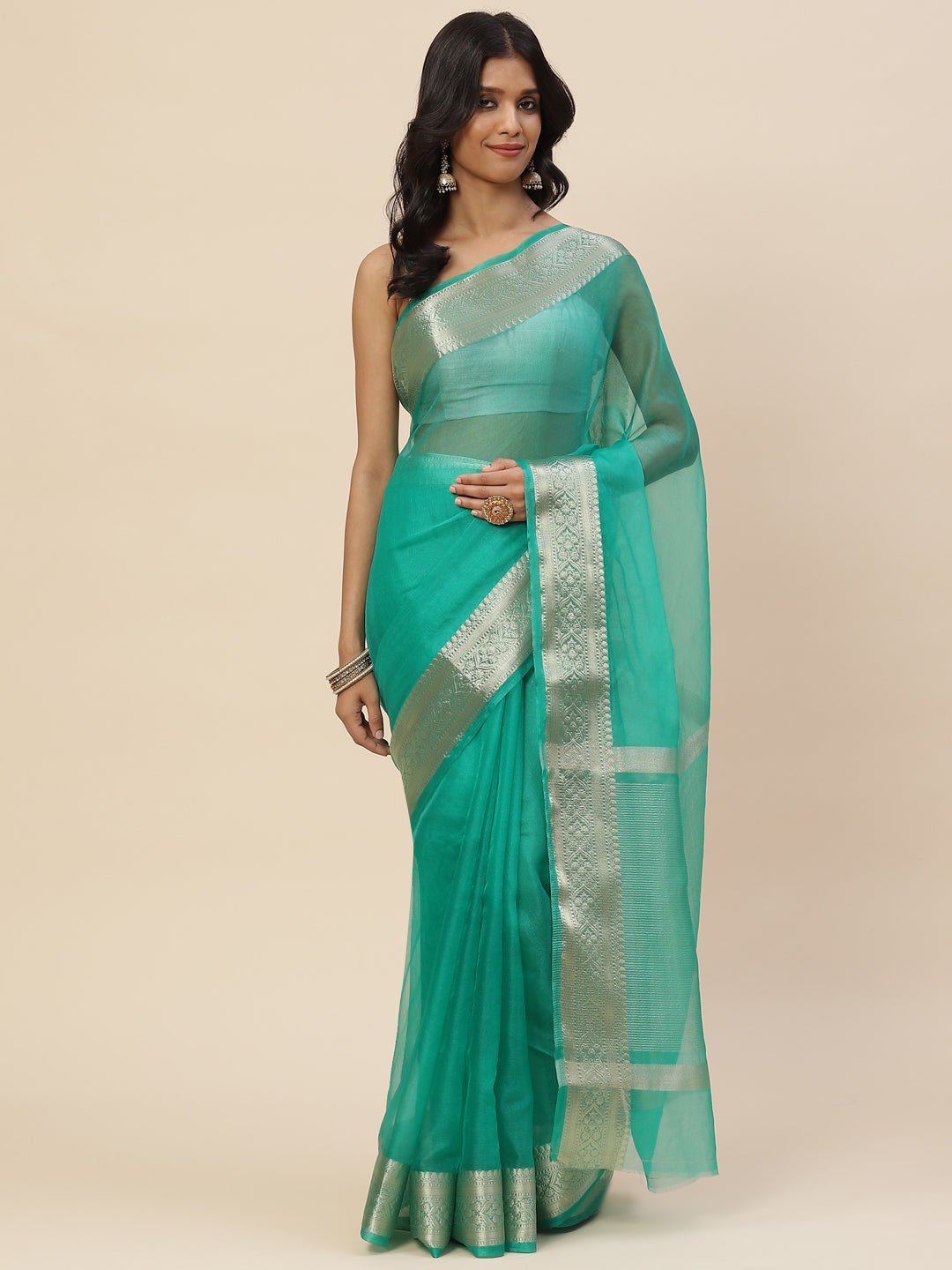 Zari Border Organza Plain Saree
