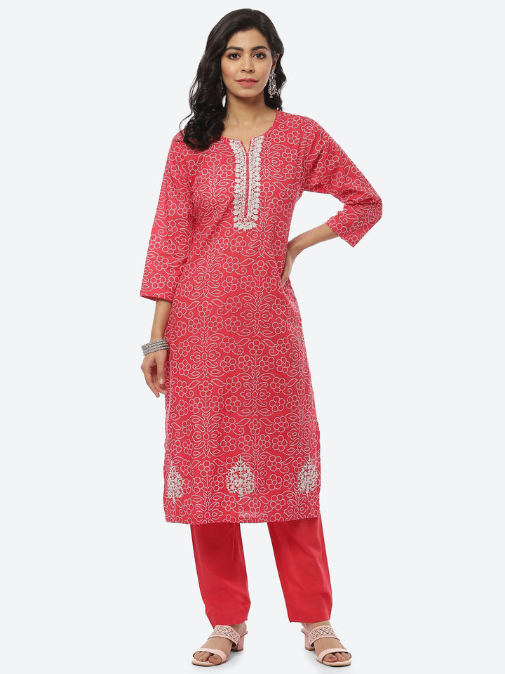 Printed Zari Neck Cotton Kurti With Pant