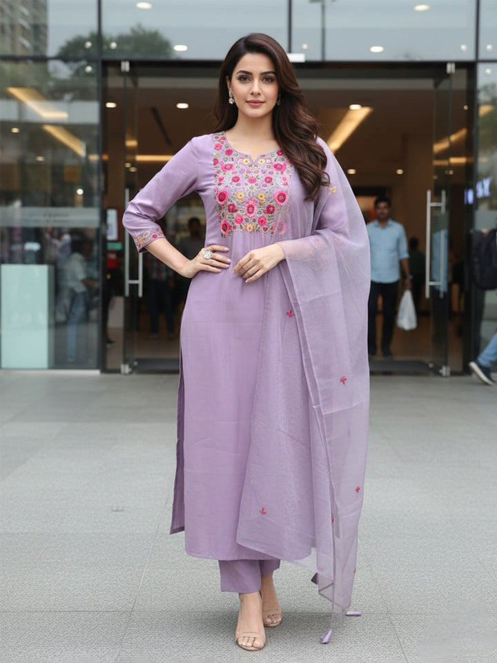Purple Art Silk Printed Straight Suit Set