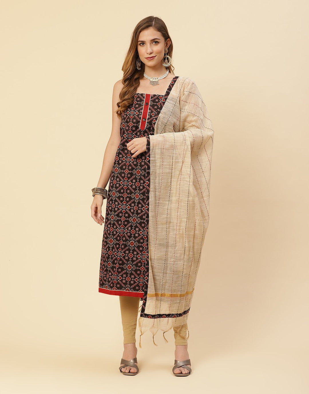 Printed Cotton Suit Piece With Kantha Work