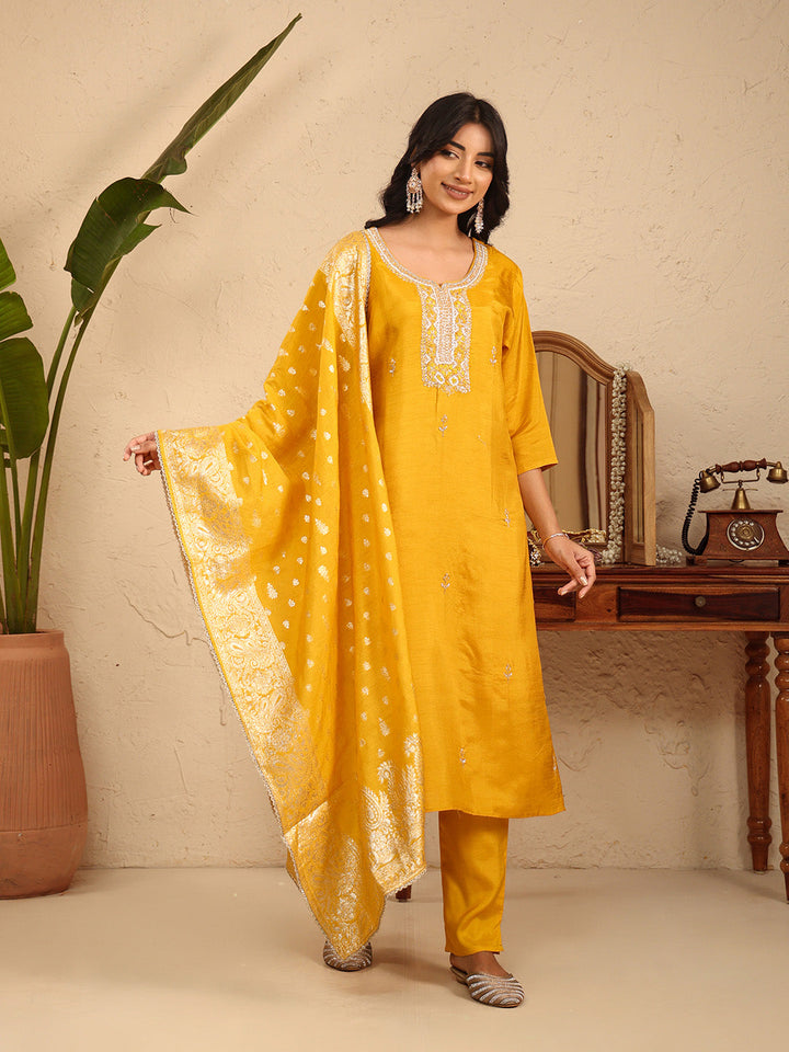 Embroidered Cotton Kurta With Pant &amp; Dupatta