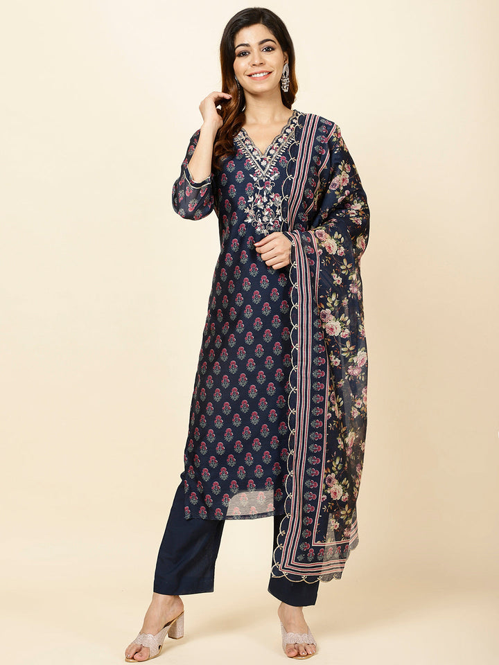 Printed Chanderi Kurta With Pants &amp; Dupatta