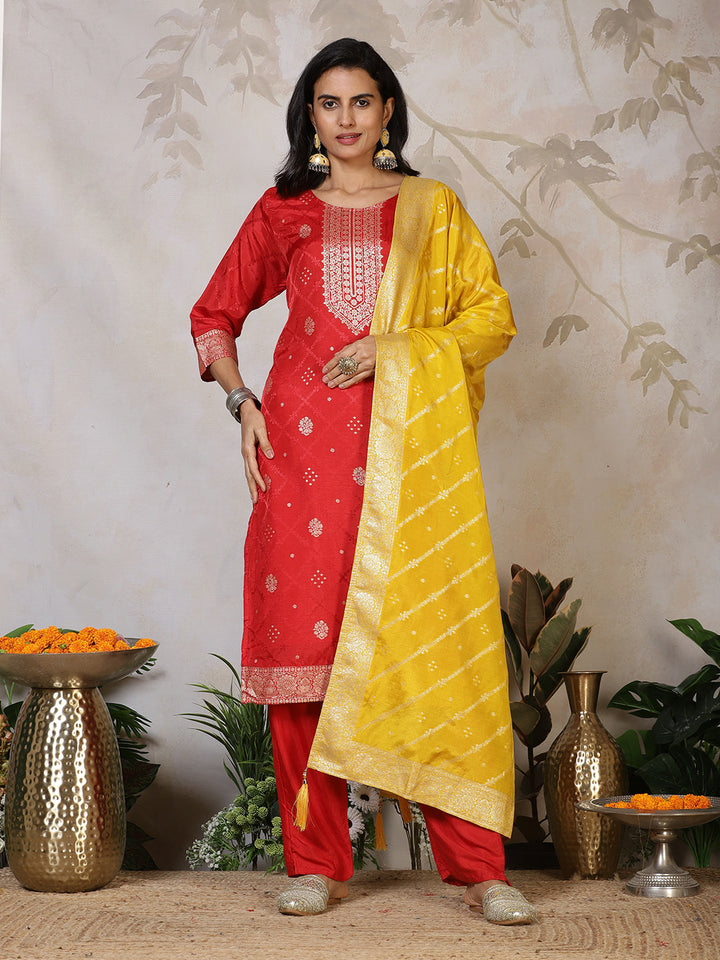 Banarasi Weave Tissue Kurta With Pants &amp; Dupatta