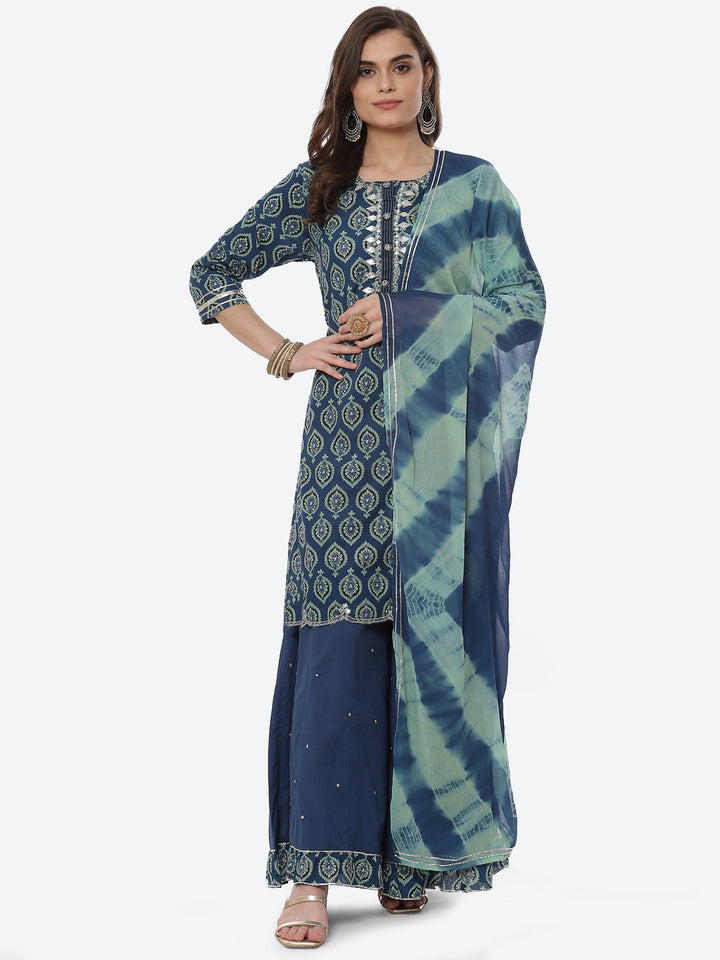 Printed Cotton Kurta With Garara &amp; Chiffon Dupatta