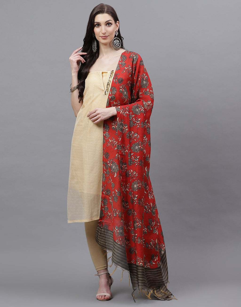 Embroidered Cotton Chanderi Suit Piece With Chanderi Printed Dupatta