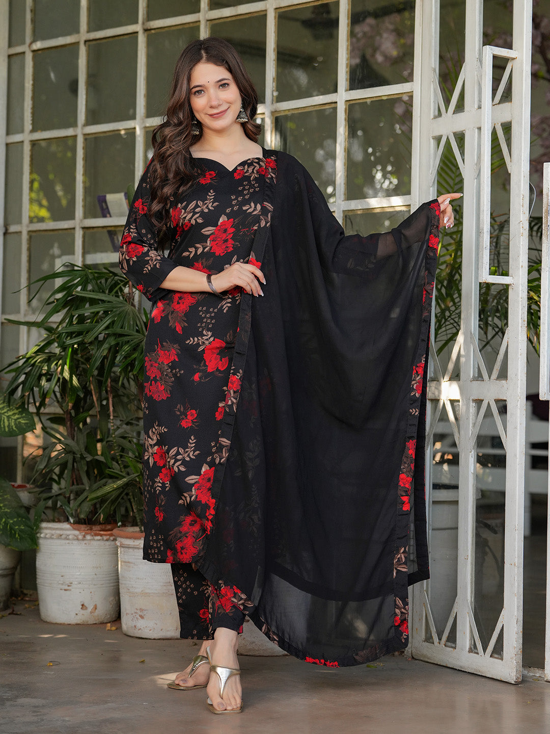 Neck Embroidery Cotton Blend Kurta With Pants &amp; Dupatta