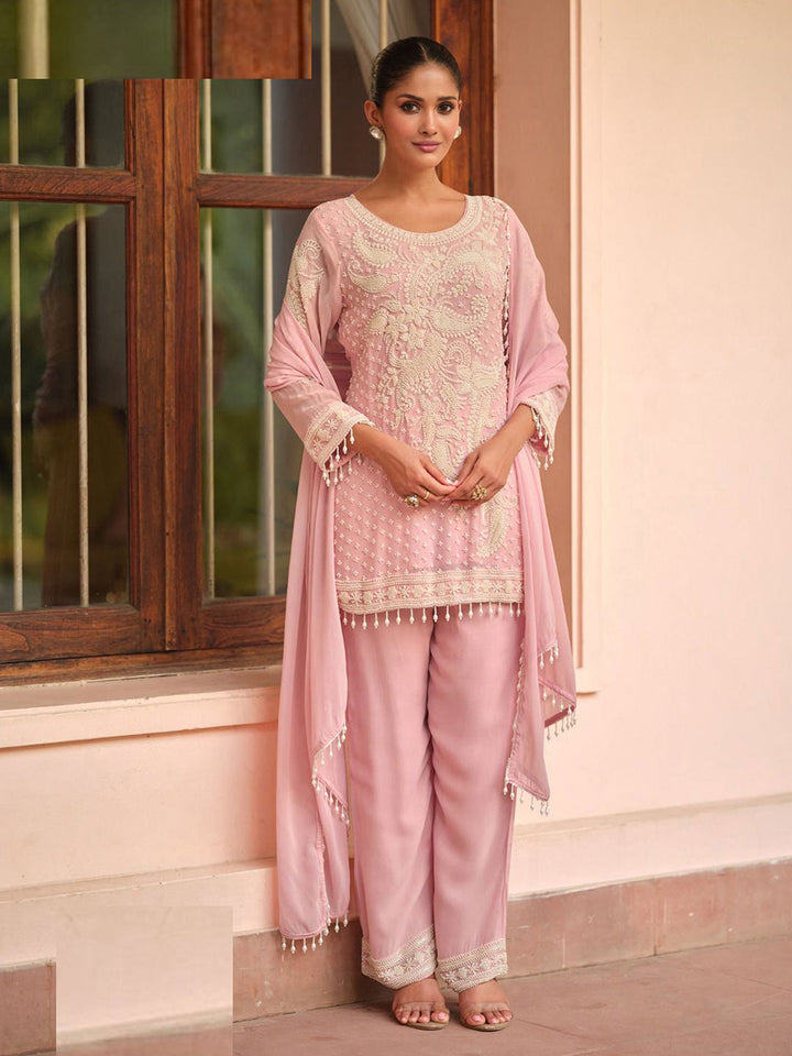 Embroidered Georgette Kurti With Pant &amp; Dupatta