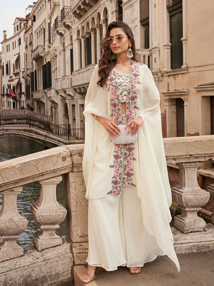 Embroidered Chinon Choli With Plazzo &amp; Jacket