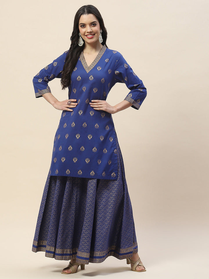 Printed Neck Patti Cotton Kurta With Skirt