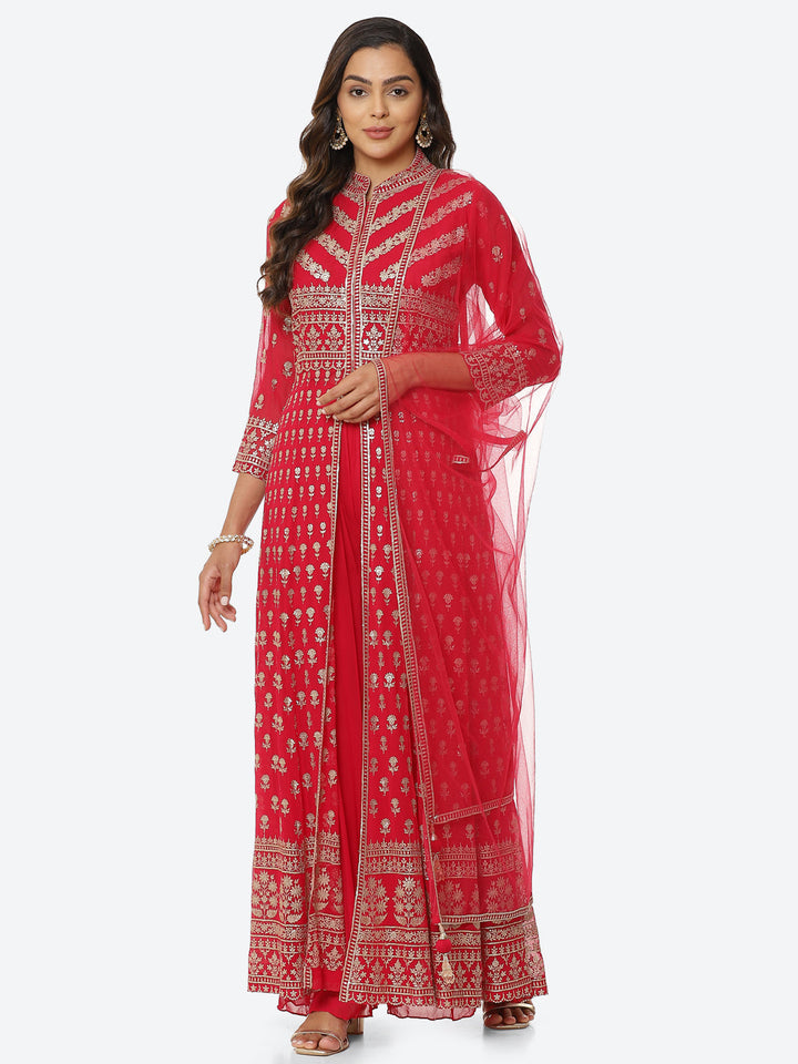 Zari Booti Georgette Kurta With Palazzo &amp; Net Dupatta