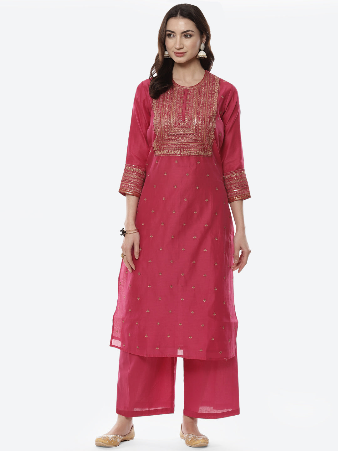 Zari Work Embroidered Chanderi Kurti With Palazzo