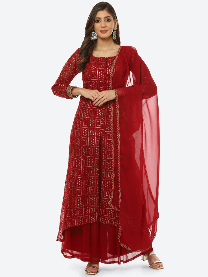 Sequin Embroidered Art Georgette Kurta With Palazzo &amp; Georgette Dupatta