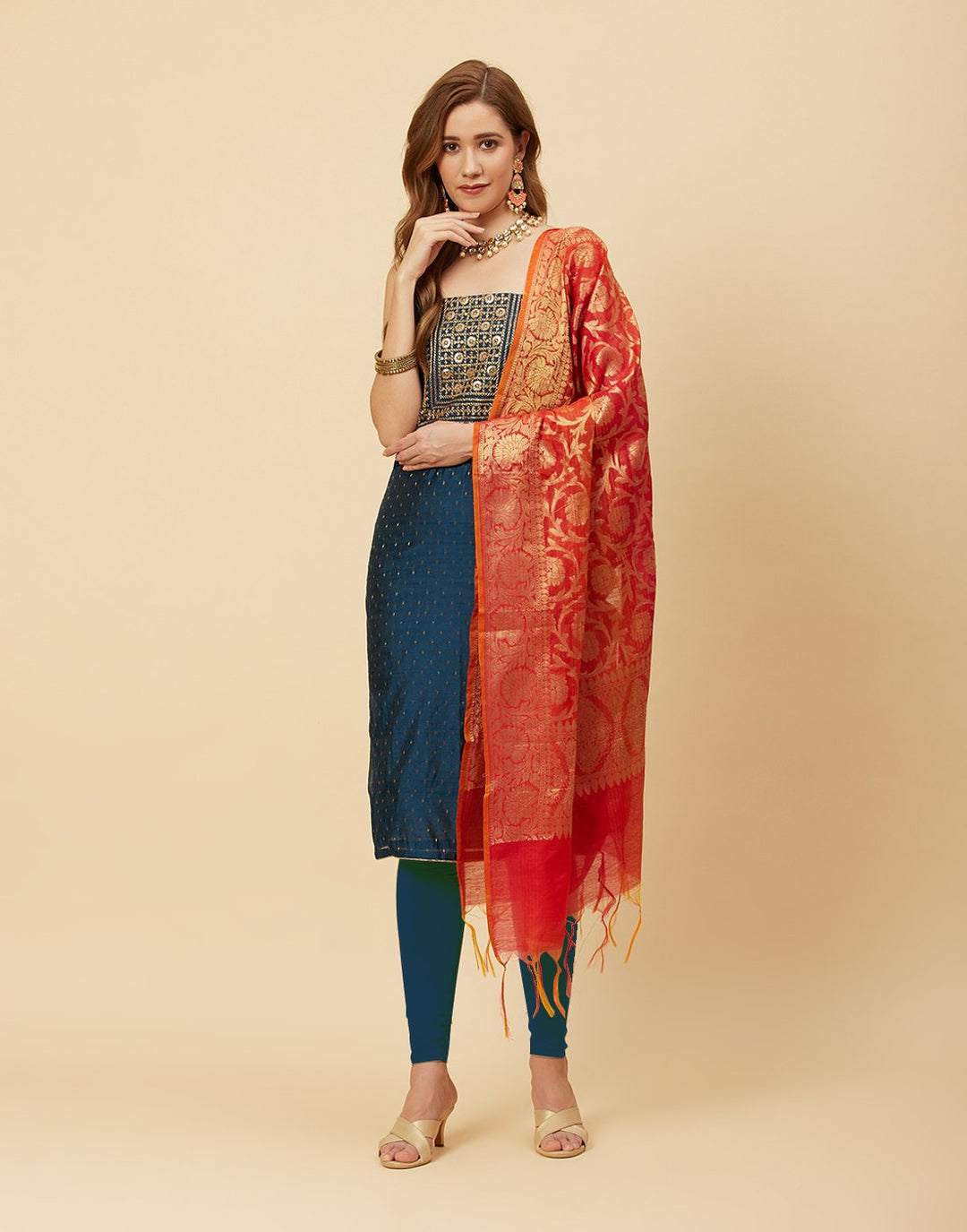 Embroidered Chanderi Suit Piece With Banarasi Dupatta