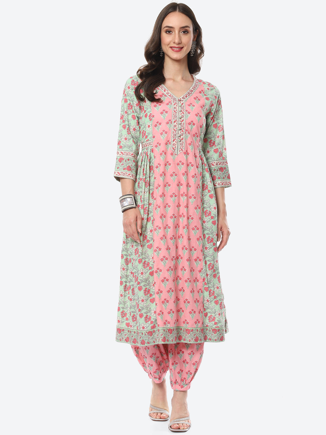 Floral Printed Cotton Kurta With Afgani Pant