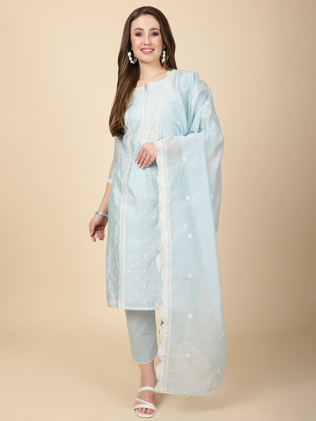 Booti Embroidery Chanderi Kurta With Pants &amp; Dupatta