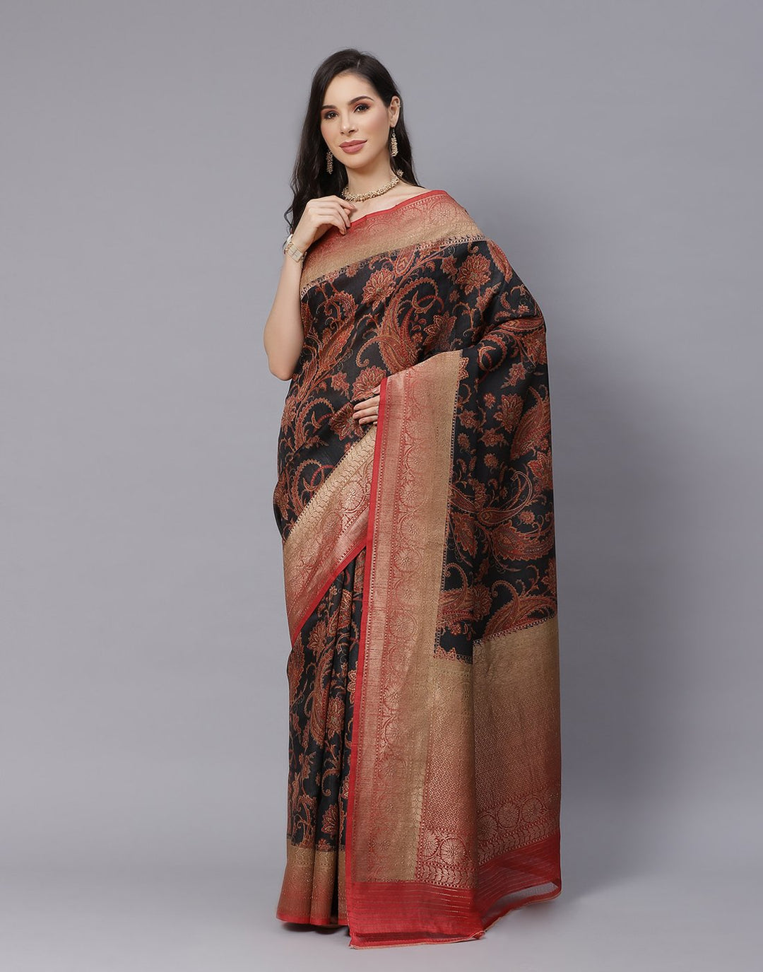 Printed Tussar Saree With Antique Zari Border