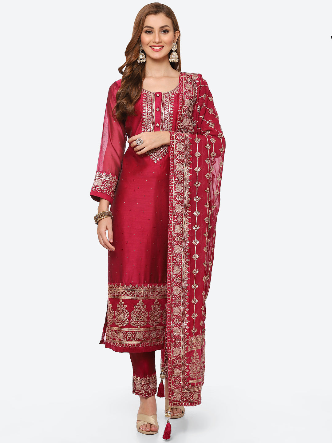 Zari Ghera Chanderi Kurta With Pant &amp; Chanderi Dupatta