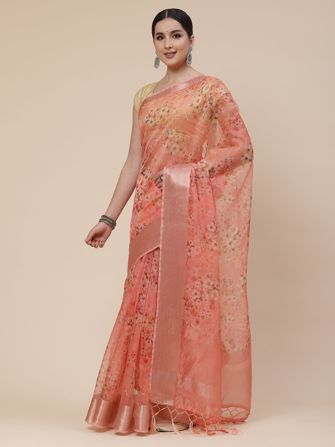 Floral Digital Printed Zari Border Organza Saree