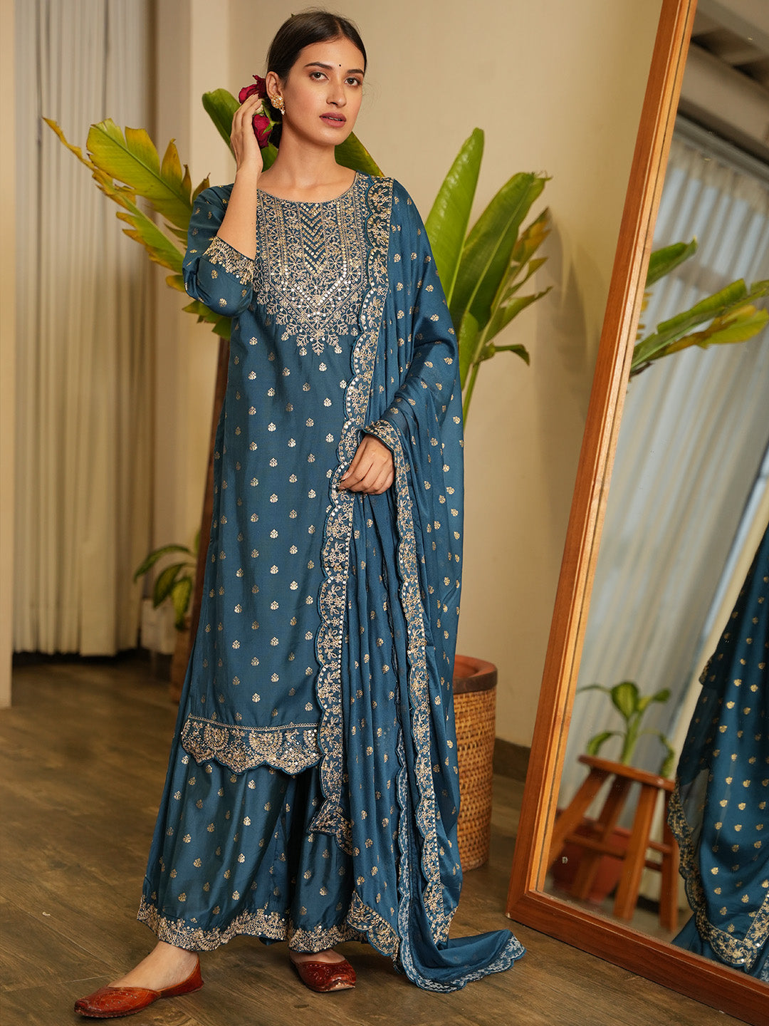 Neck Embroidered Chanderi Kurta With Garara &amp; Dupatta