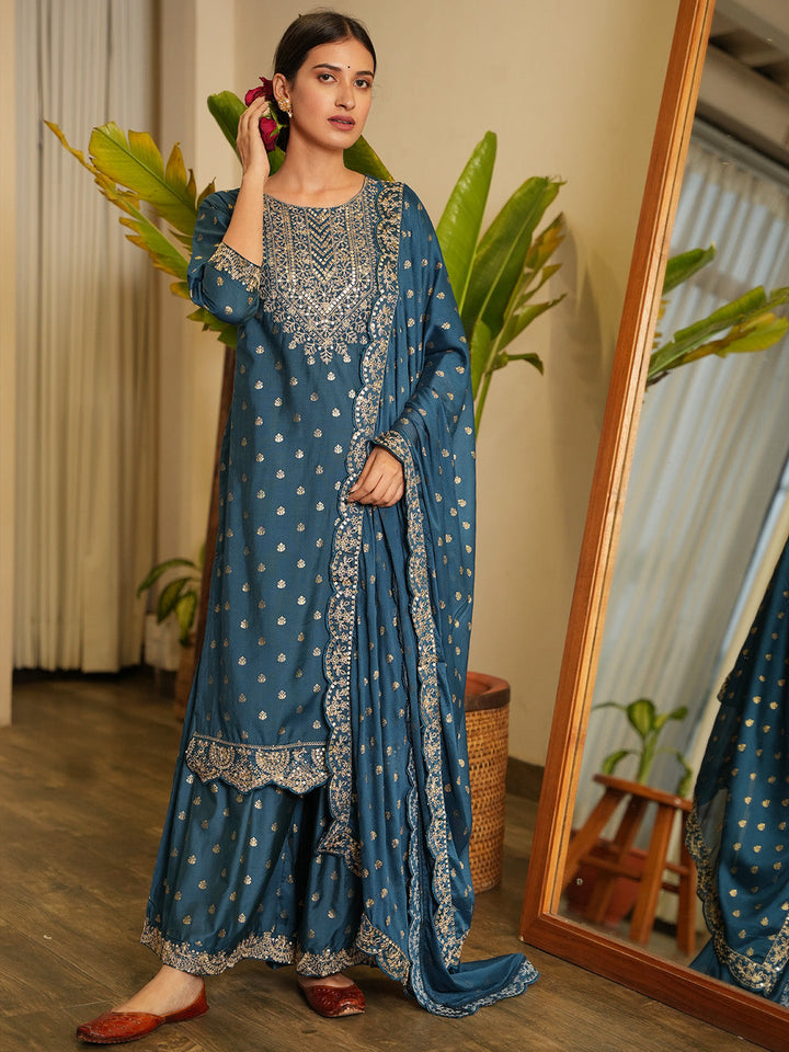 Neck Embroidered Chanderi Kurta With Garara &amp; Dupatta