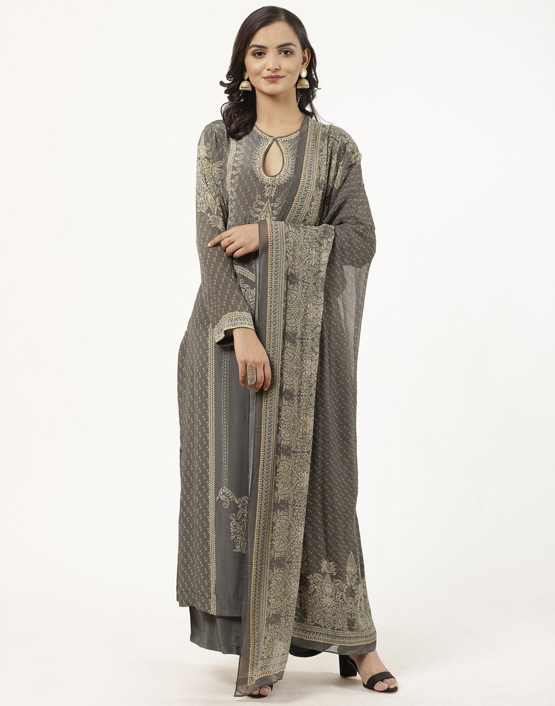 MBZ Meena Bazaar-Grey Digital Printed Crepe Salwaar Kameez Stitched Suit