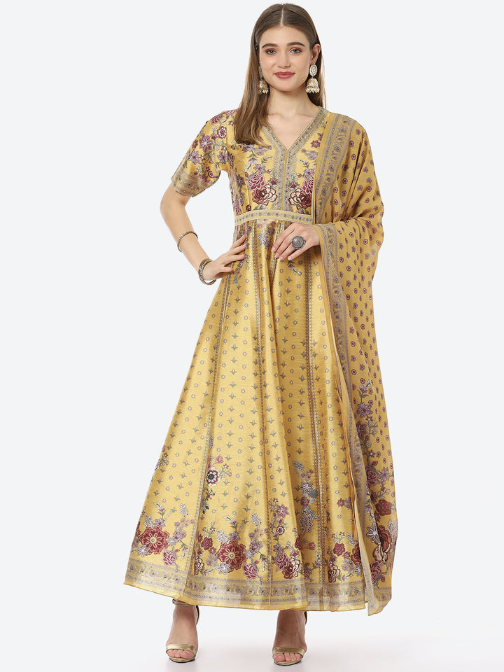Digital Floral Printed Anarkali Kurta With Churidar &amp; Georgette Dupatta