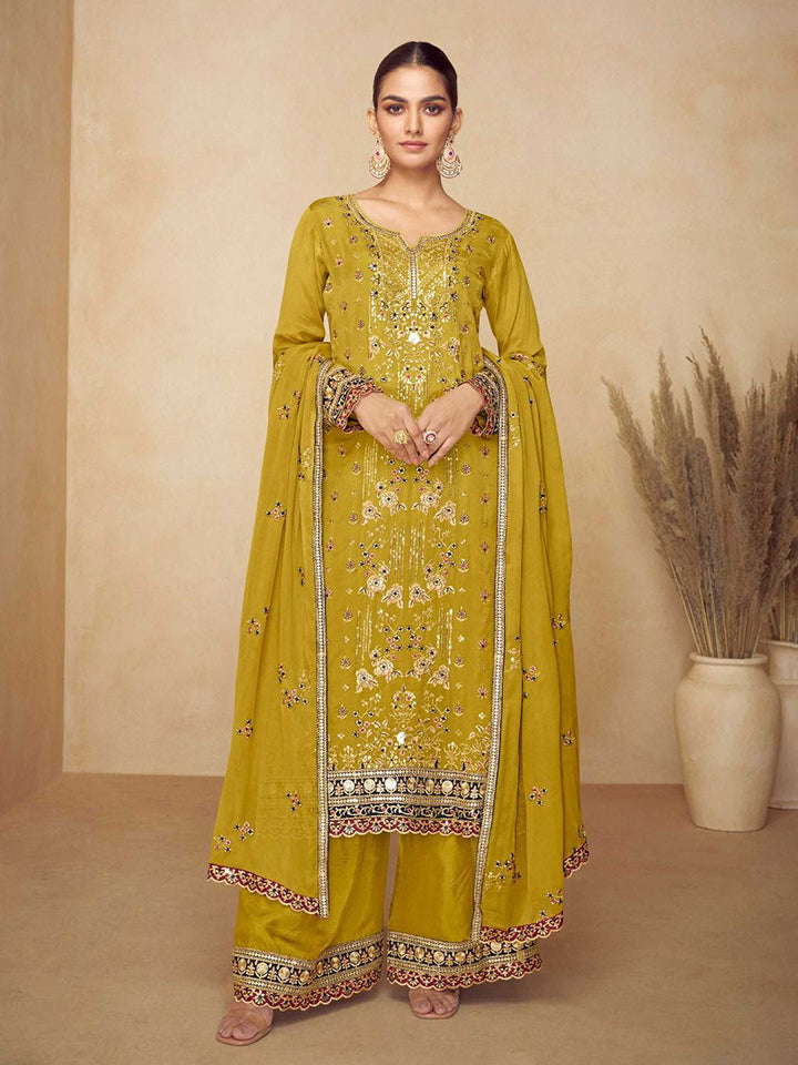 Embroidered Chinnon Kurta With Plazzo &amp; Dupatta
