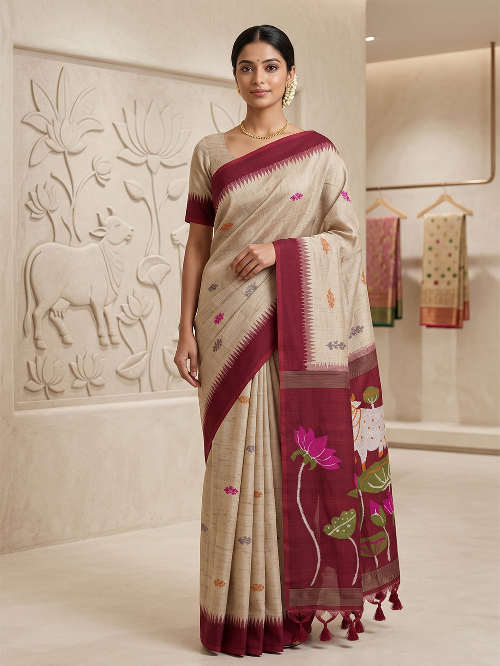 Off-White-Red Cotton Blend Woven Saree