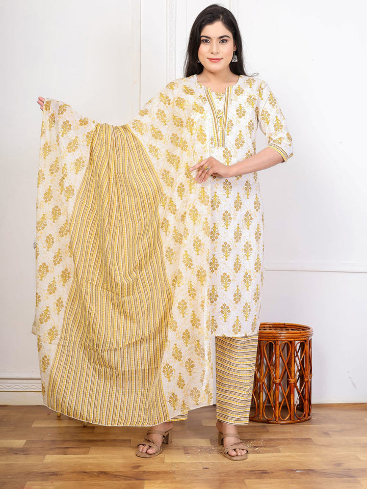 Yellow Embroidered Cotton Blend Straight Suit Set With Dupatta