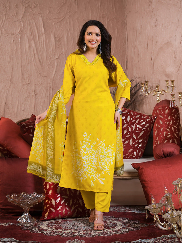 Neck Embroidery Cotton Blend Kurta With Pants &amp; Dupatta