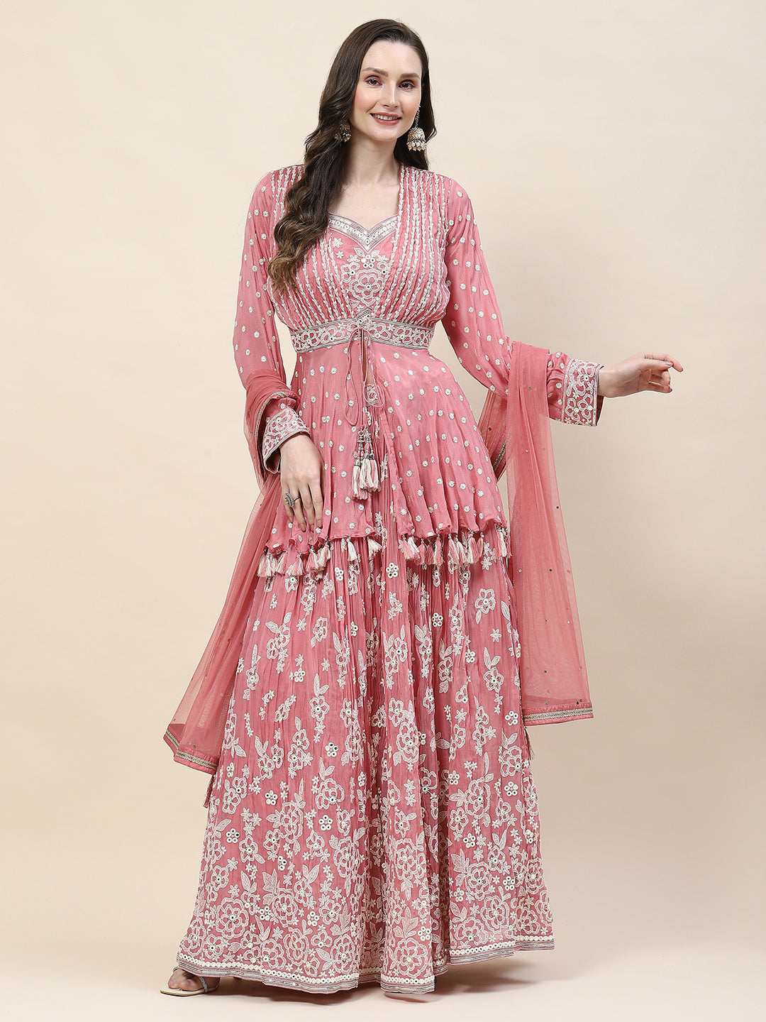 Resham Jaal Embroidery Crepe Choli  Jacket With Lehenga &amp; Dupatta