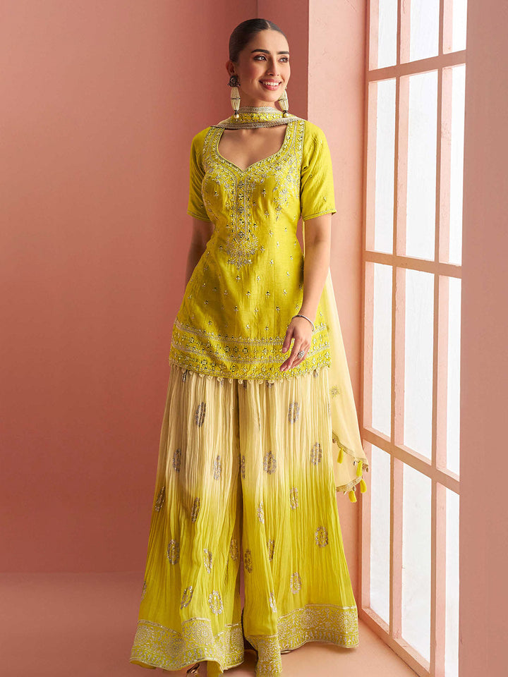 Embroidered Chinon Kurti With Gharara &amp; Dupatta