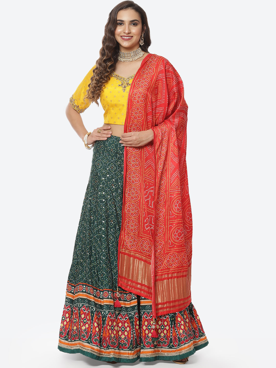 Printed Zari Neck Dupion Lehenga With Choli and Bandhani Printed Dupatta
