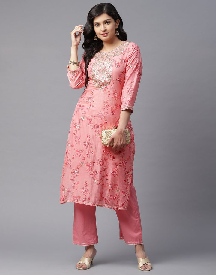 Printed Kurti Pant Set with Gota Yoke Embroidery