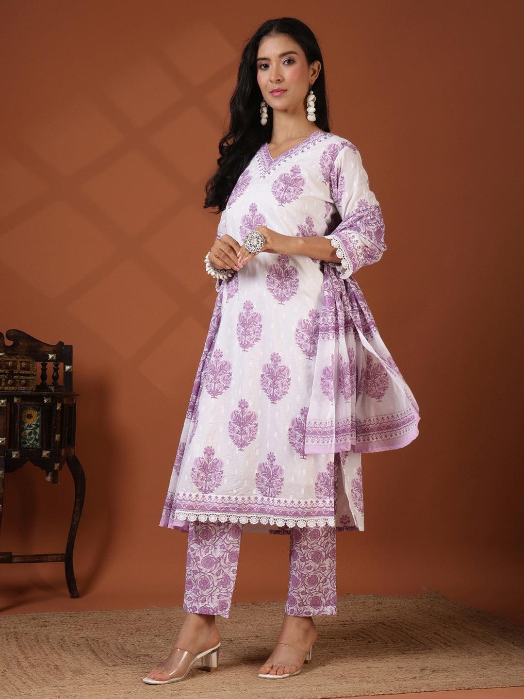 Printed Cotton Blend Kurta With Pant &amp; Dupatta