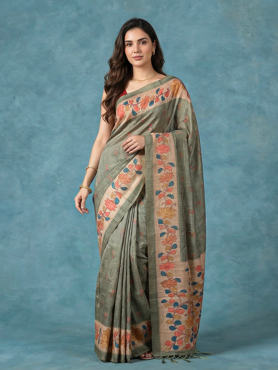 Floral Print Tussar Silk Saree